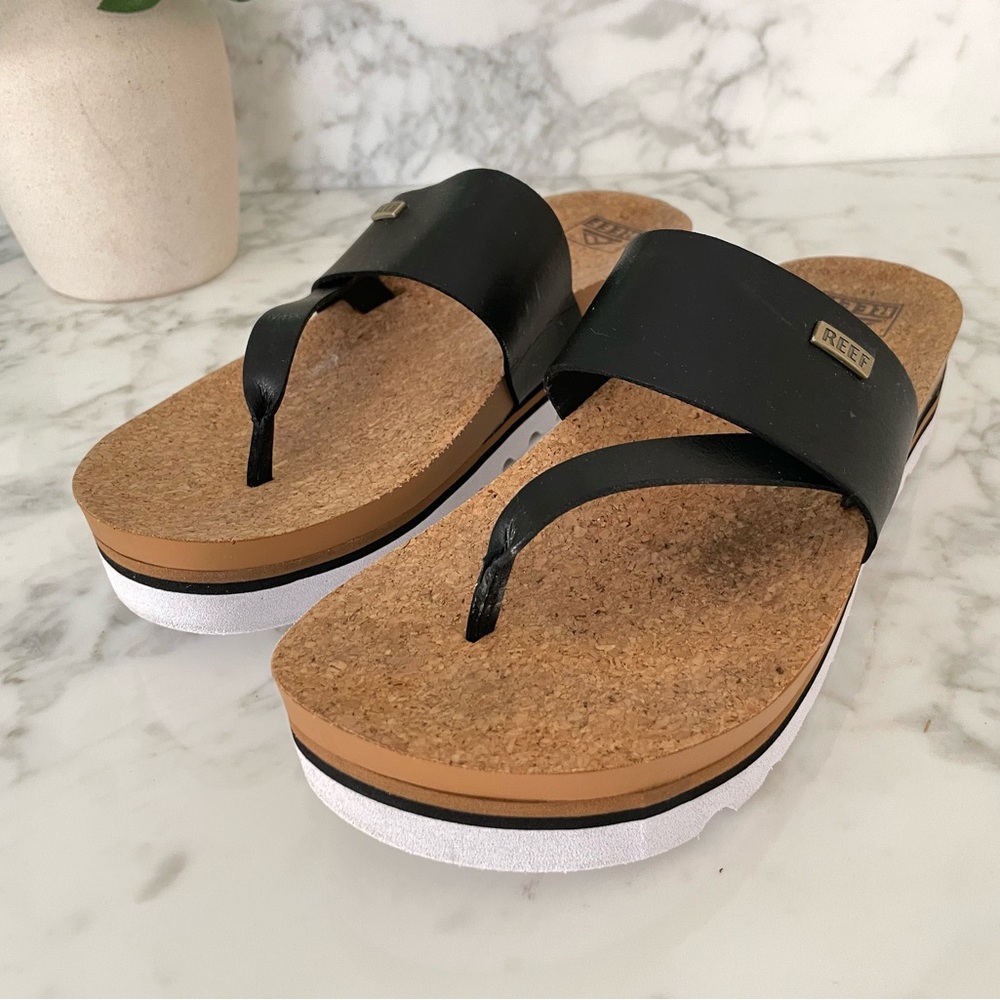 Reef Cushion Sol Hi Sandals Women's 11 Black Platform Flip Flops Toe Post Cork - Picture 8 of 8